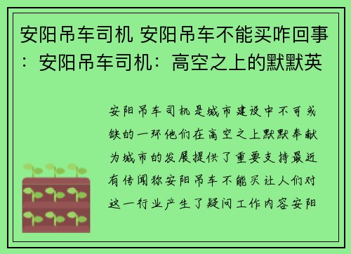 安阳吊车司机 安阳吊车不能买咋回事：安阳吊车司机：高空之上的默默英雄