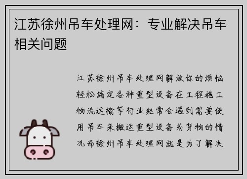 江苏徐州吊车处理网：专业解决吊车相关问题
