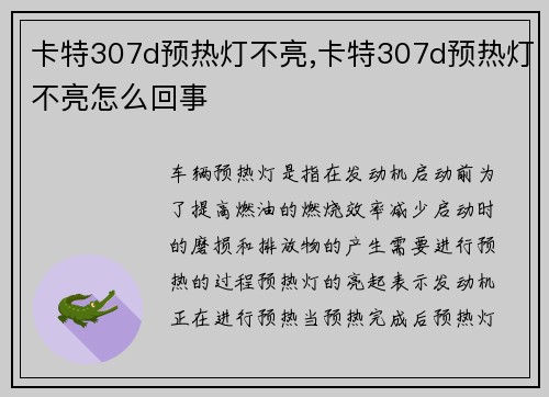 卡特307d预热灯不亮,卡特307d预热灯不亮怎么回事