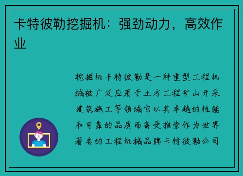 卡特彼勒挖掘机：强劲动力，高效作业