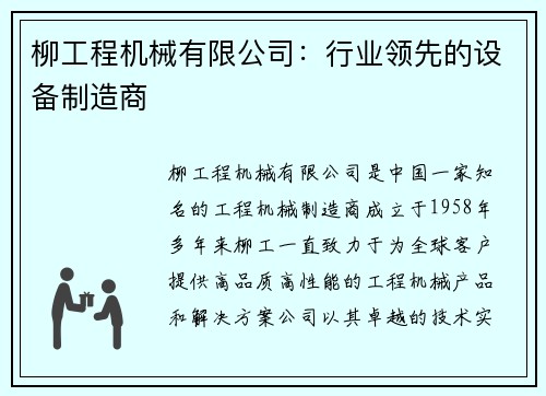 柳工程机械有限公司：行业领先的设备制造商