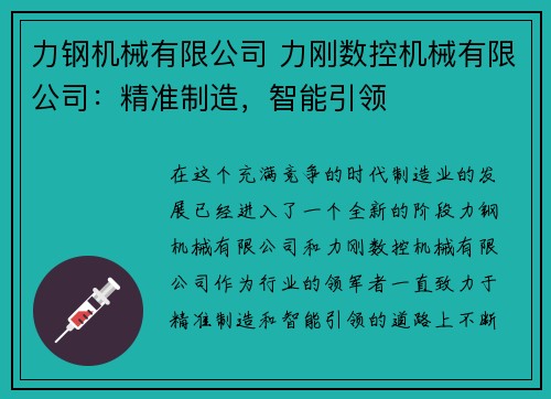 力钢机械有限公司 力刚数控机械有限公司：精准制造，智能引领